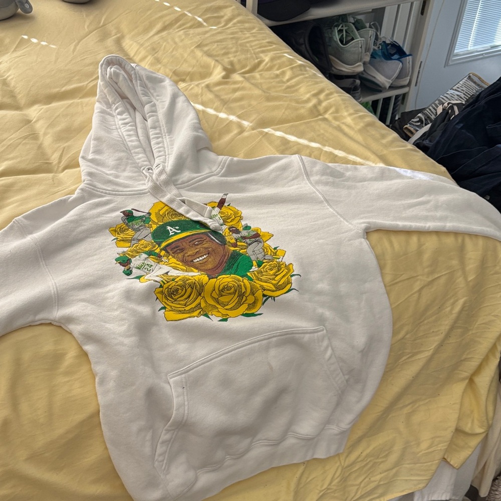 White Graphic Hoodie with Yellow Rose Baseball Portrait Rickey Henderson